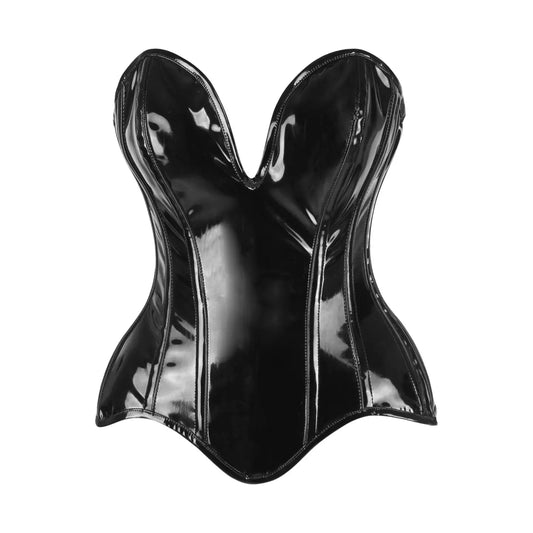 Steel Boned Black Patent Plunge Neckline Overbust Corset image 0