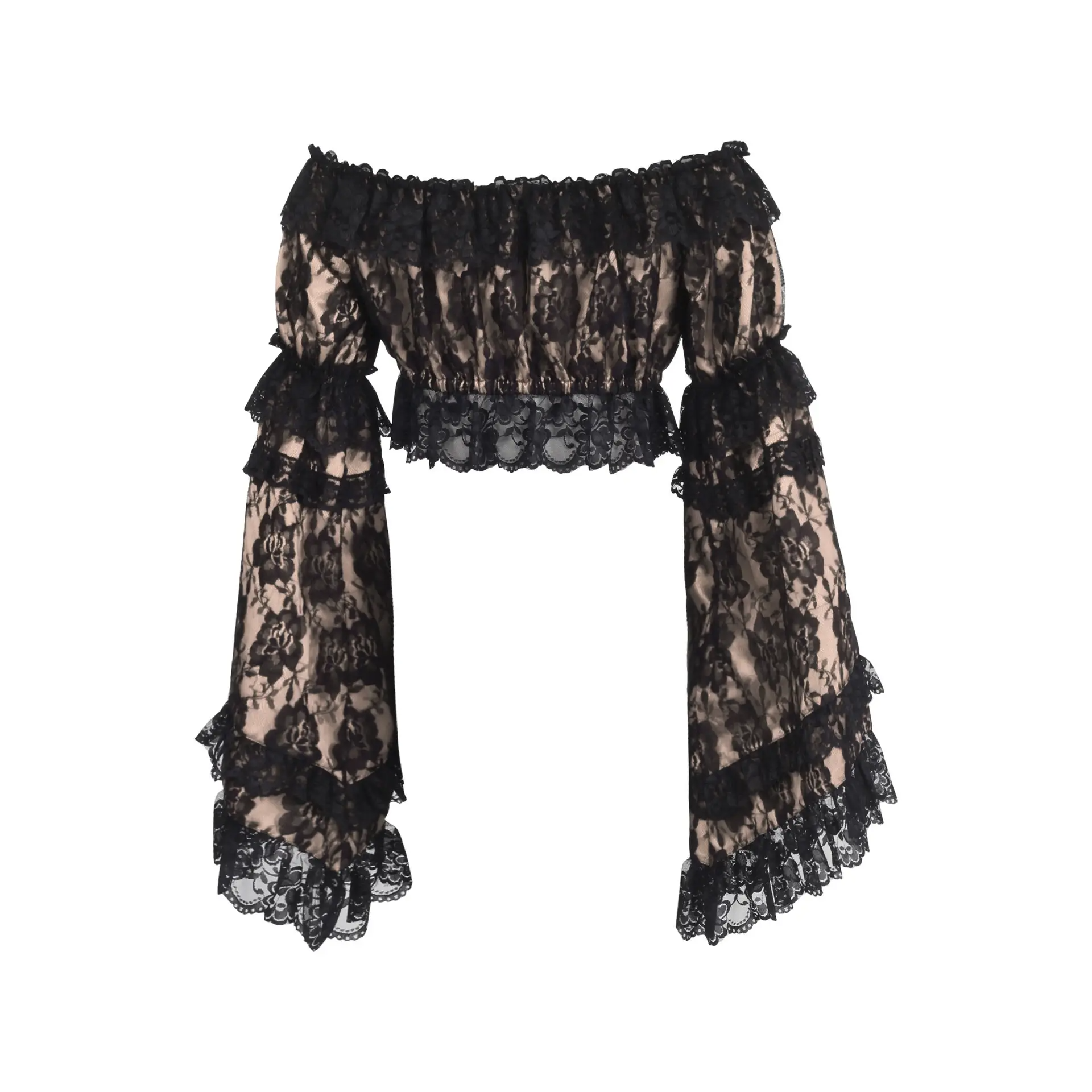 Nude/Black Lace Smocked Flare Sleeve Peasant Top image 2