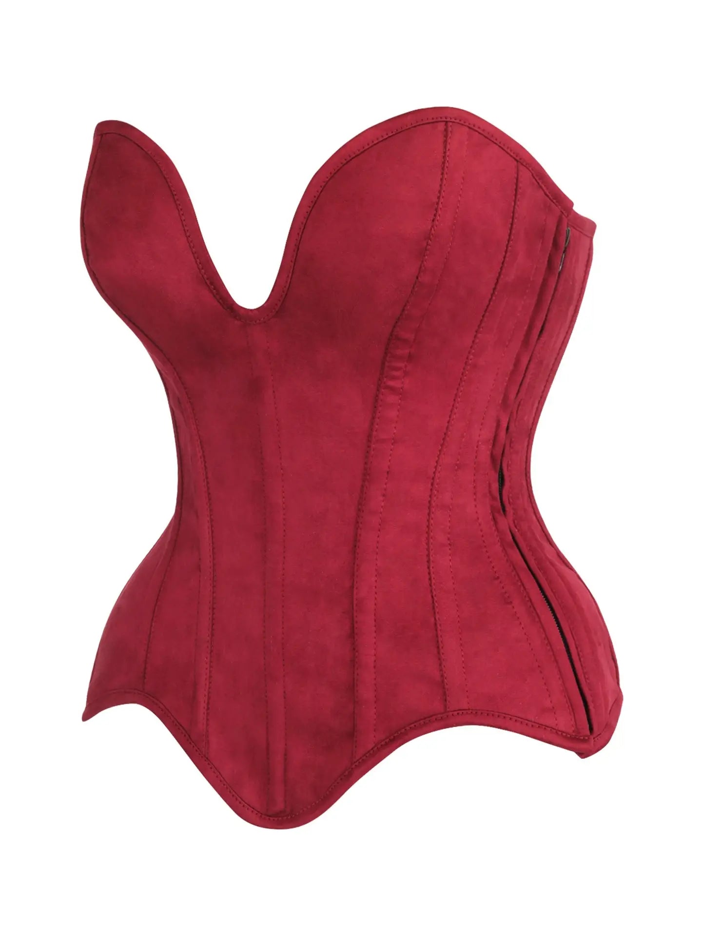 Steel Boned Red Suede Deep Plunge Overbust Corset Top