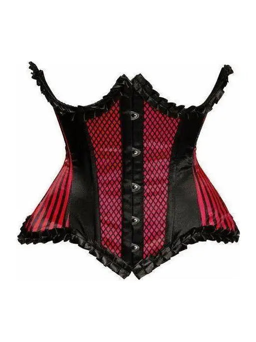 Red Burlesque Underwire Curvy Cut Waist Cincher Corset with black lace and hook closures