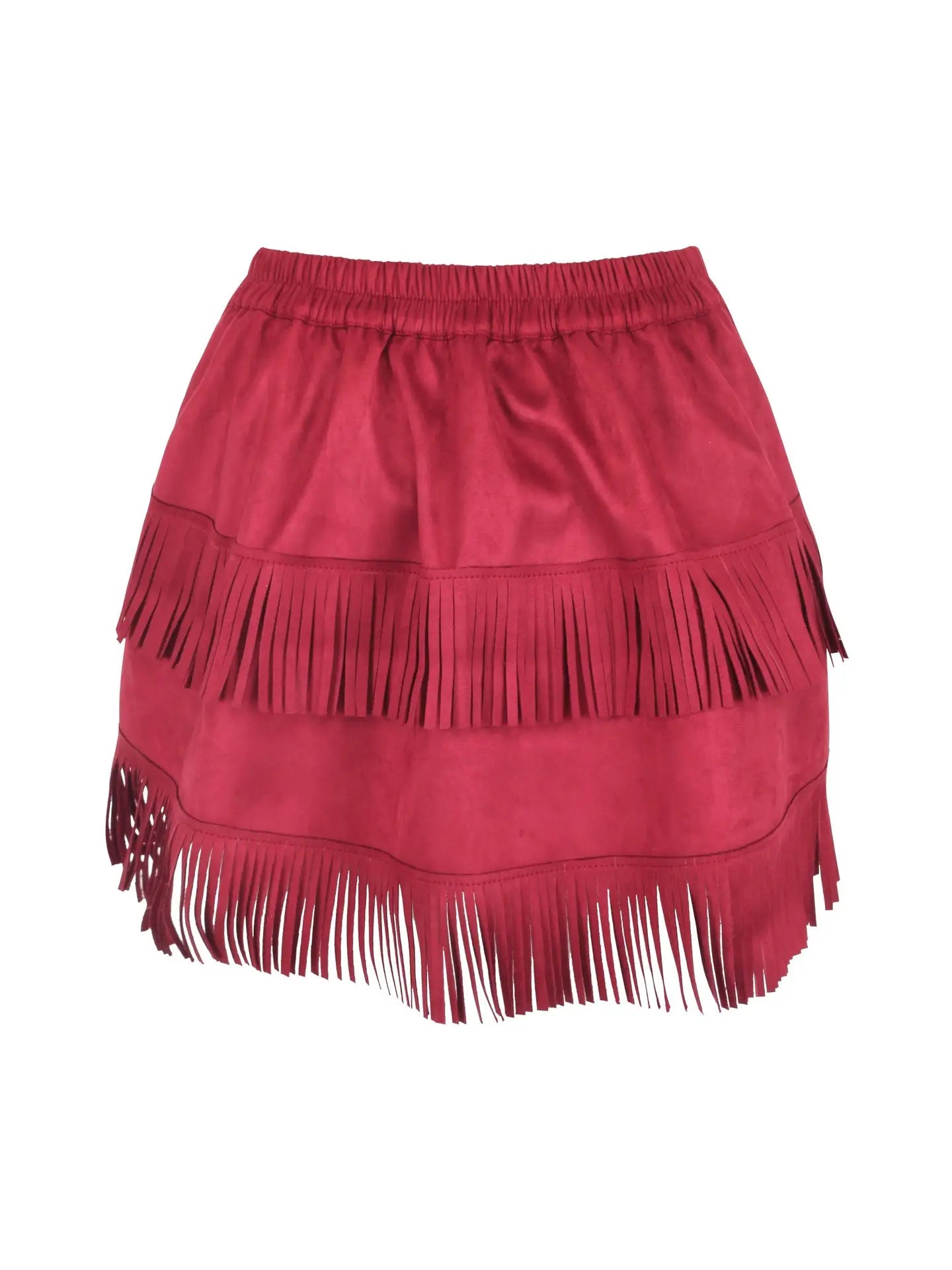 The Raven red suede ruched bustle skirt with fringe featuring layered fringe and elastic waistband