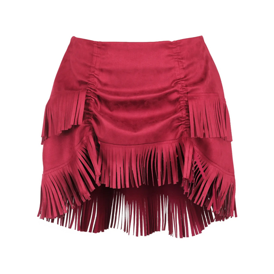 Red Suede Ruched Bustle Skirt With Fringe by The Raven featuring layered fringe and ruched detailing