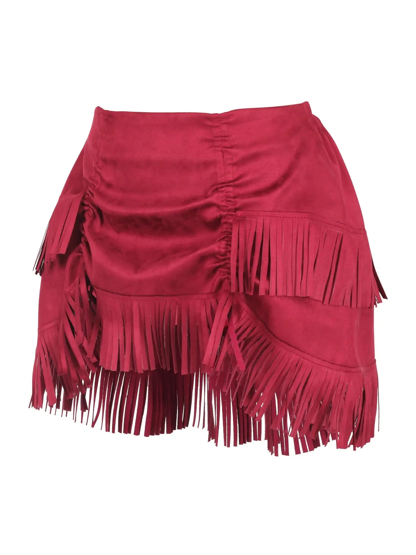 Red Suede Ruched Bustle Skirt With Fringe featuring layered fringe detailing and ruched design
