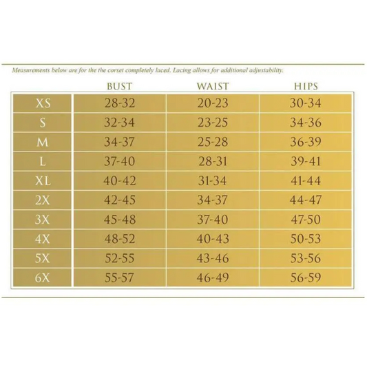 Size chart for Red With Black Lace Double Steel Boned Curvy Cut Waist Cincher Corset including bust waist and hips measurements