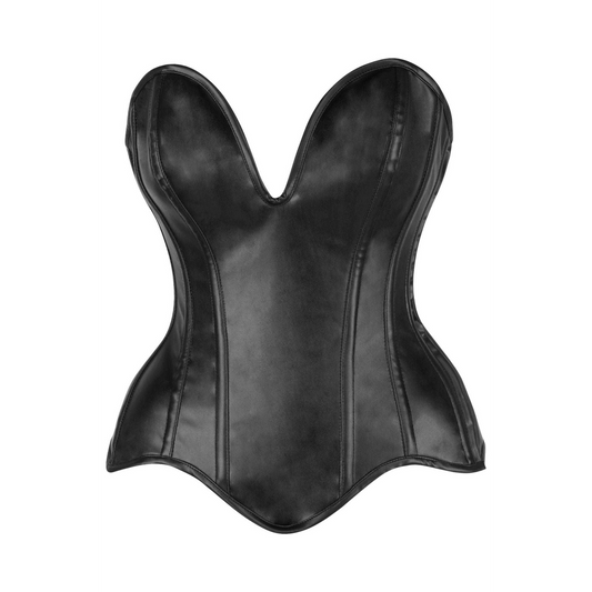 Steel Boned Black Faux Leather Plunge Neckline Overbust Corset by Top Drawer with smooth finish