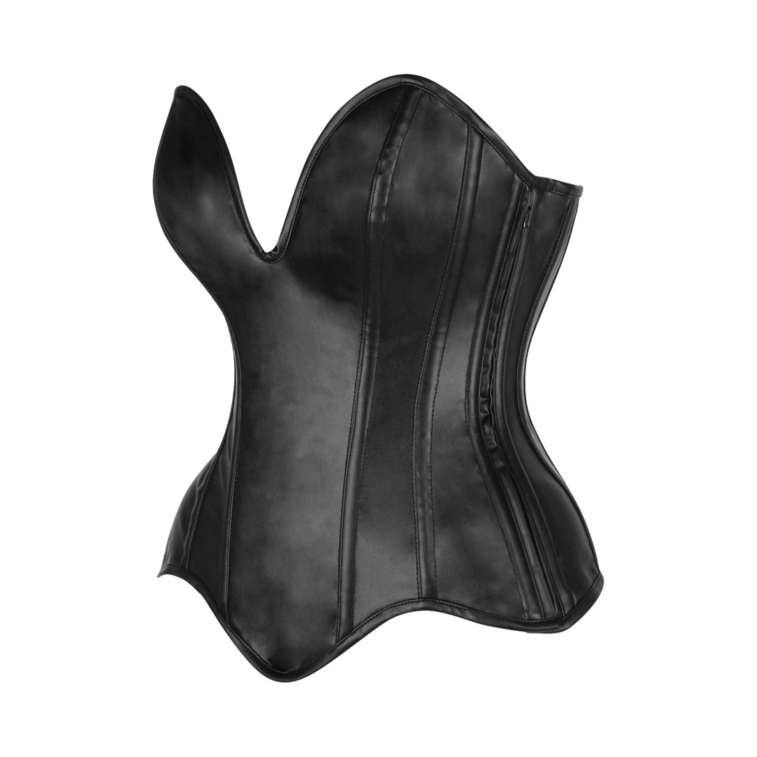 Top Drawer steel boned black faux leather plunge neckline overbust corset with structured seams