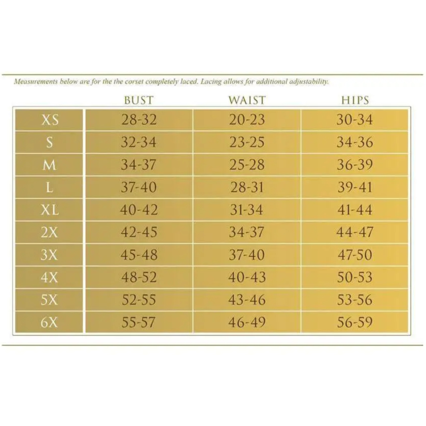 Size chart for Steel Boned Black Satin Overbust Corset With Sleeves showing bust waist and hips measurements